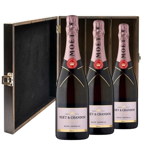 Moet & Chandon Rose Champagne 75cl Treble Elm Wood Gift Boxed Champagne (3x75cl)